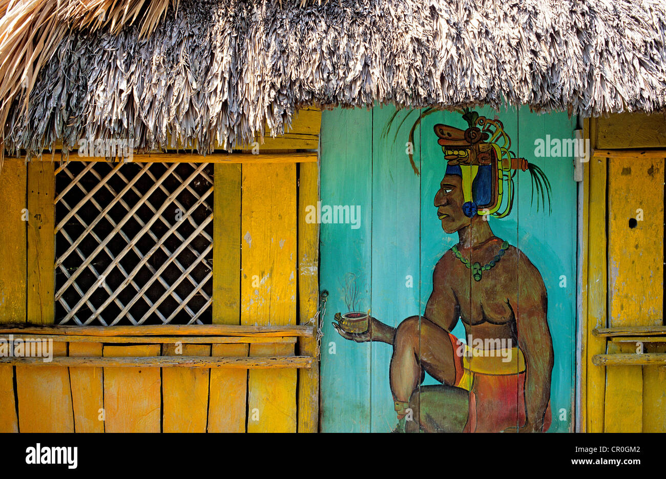 Mexico, Quintana Roo State, Coba, decorated Maya hut Stock Photo