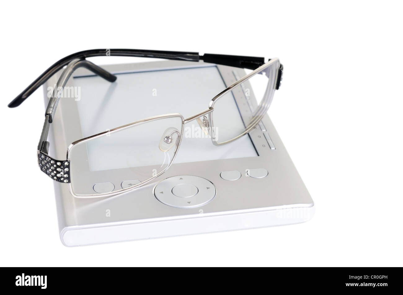 Reading concept with electronic book and glasses isolated on white