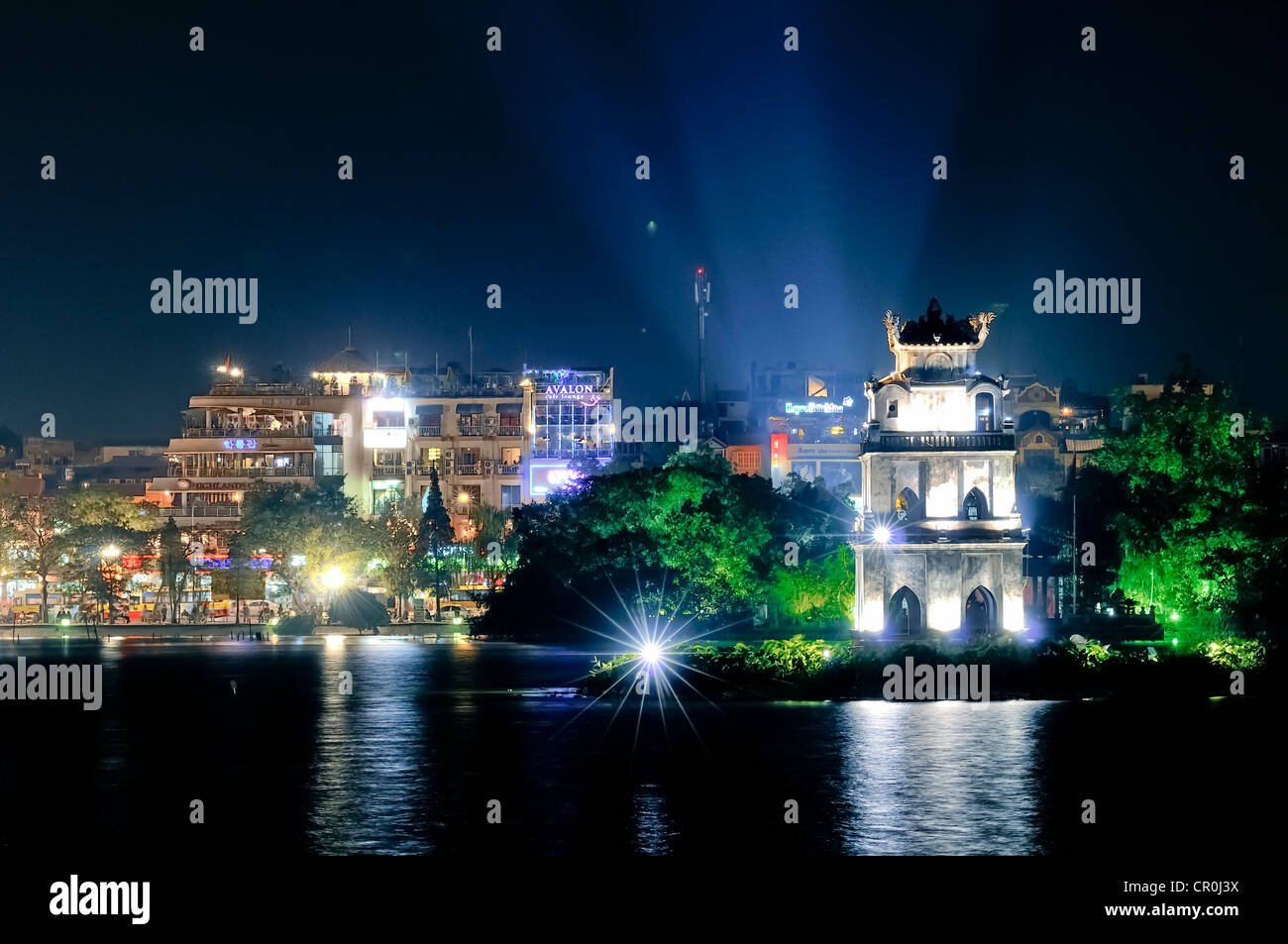 Night shot of the Thap Rua or Turtle Tower or Tortoise Tower, Hoan Kiem Lake, Hanoi, North Vietnam, Vietnam, Southeast Asia Stock Photo