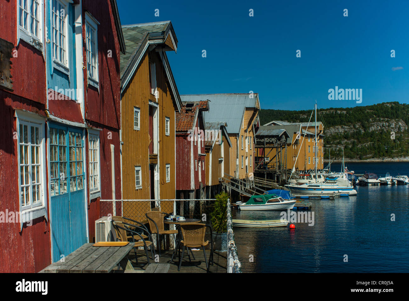 Warehouses in the harbour in Råkvåg, Rissa, Sør-Trøndelag, Norway Stock Photo
