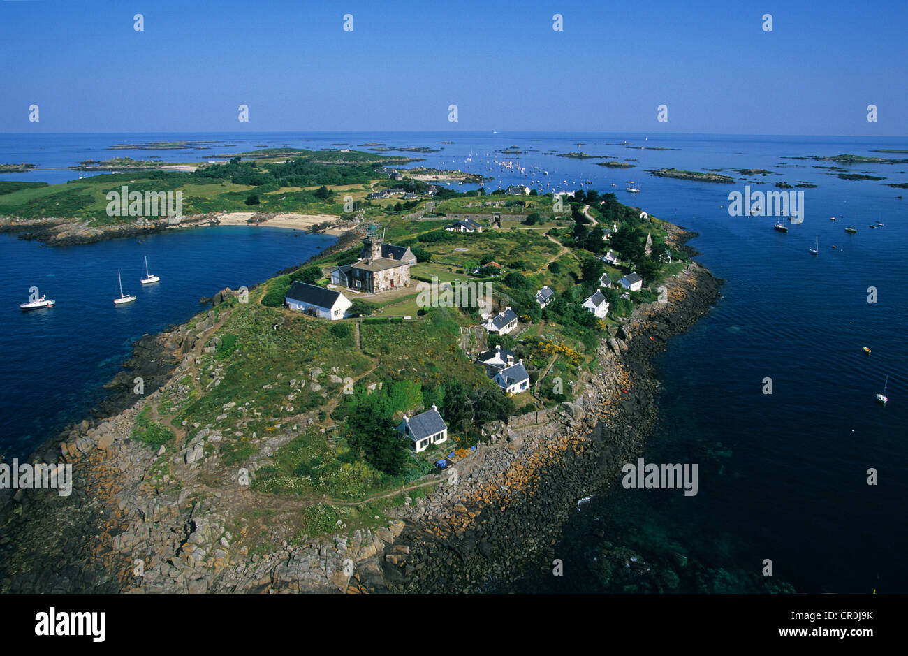 France, Manche, Iles Chausey, Grande Ile (aerial view) Stock Photo