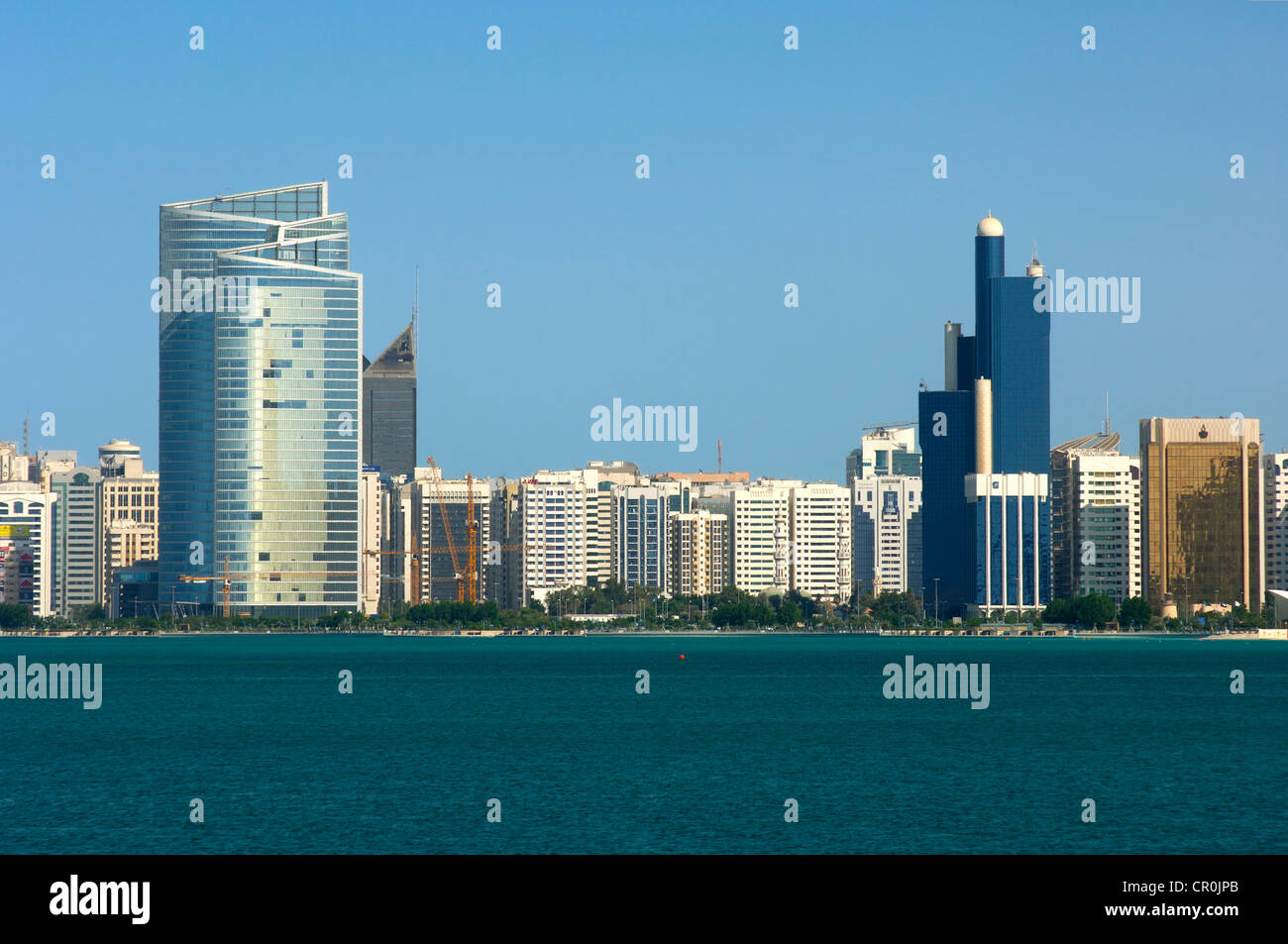 Skyline of Abu Dhabi along the Corniche, Abu Dhabi, United Arab Emirates, Middle East Stock Photo