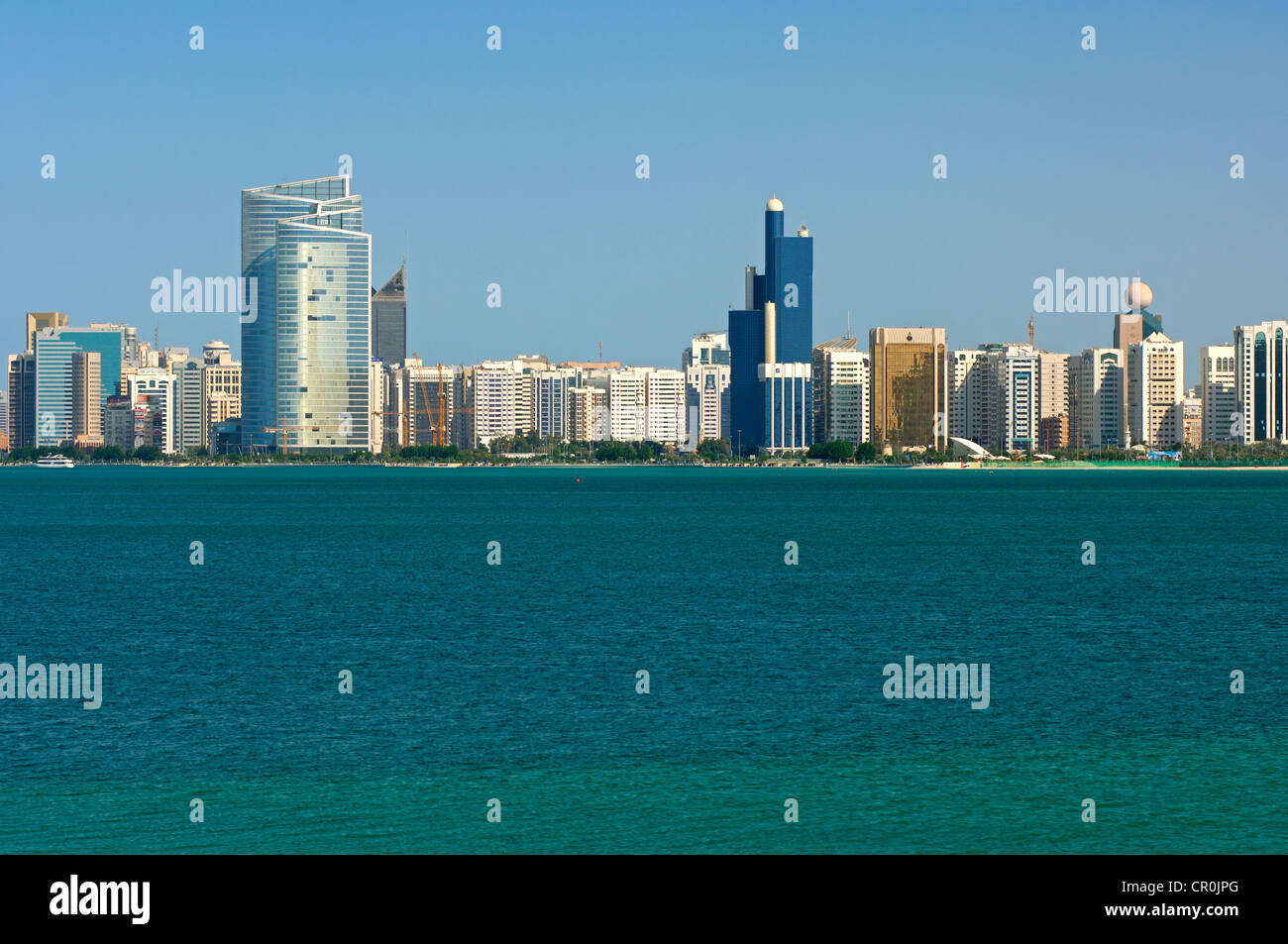 Skyline of Abu Dhabi along the Corniche, Abu Dhabi, United Arab Emirates, Middle East Stock Photo