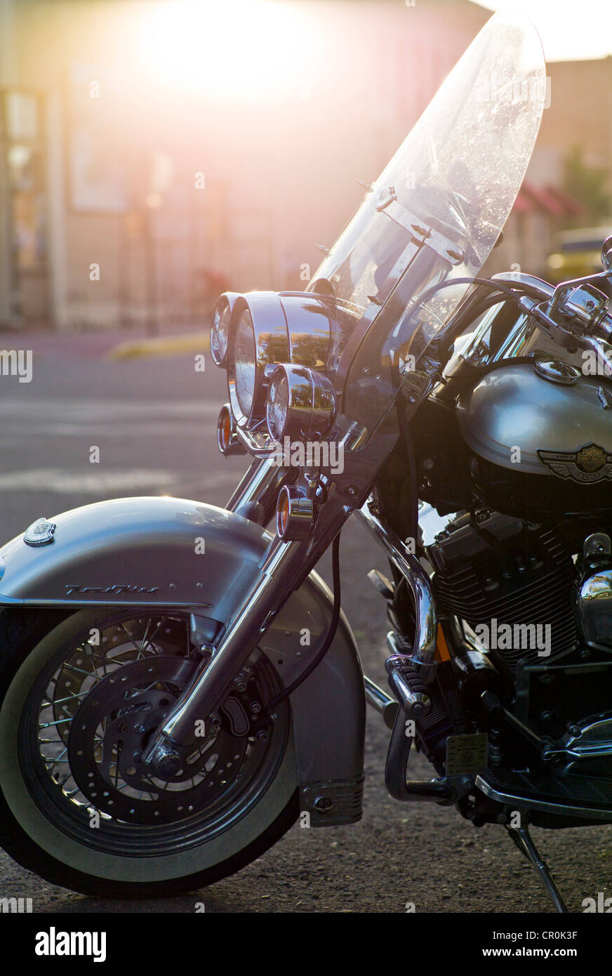 Old Harley Davidson motorcycle parked in the historic downtown district, small mountain town of Salida, Colorado, USA Stock Photo