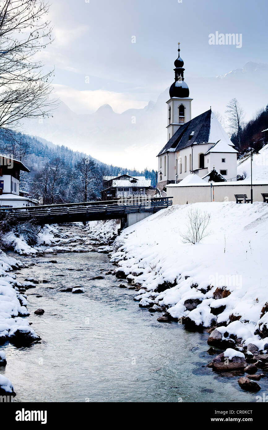 Catholic parish church of St. Sebastian in winter, Ramsau bei Berchtesgaden, Alps, Bavaria, Germany, Europe Stock Photo