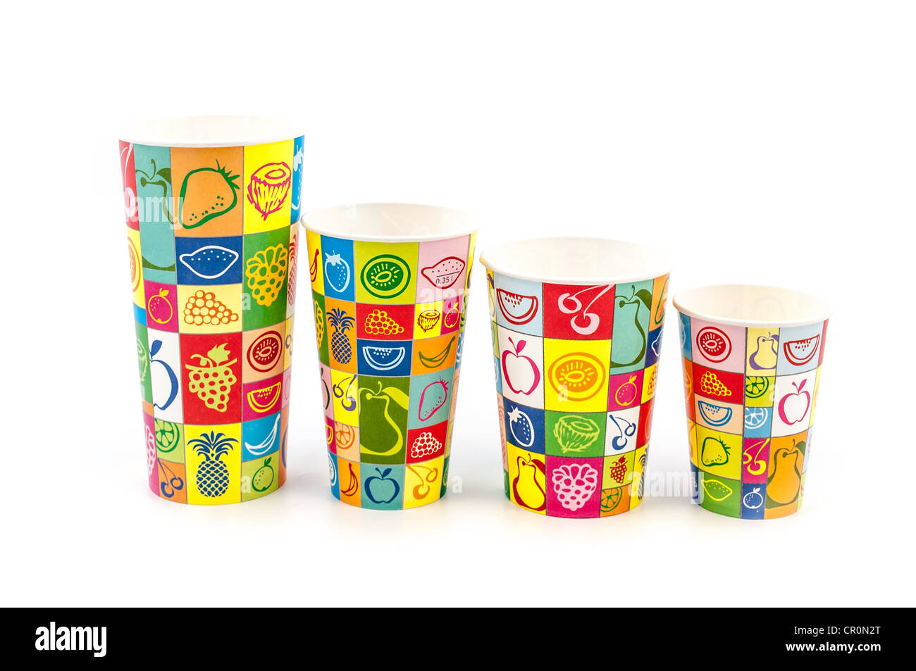 Colorful papar cups in row isolated on white background Stock Photo
