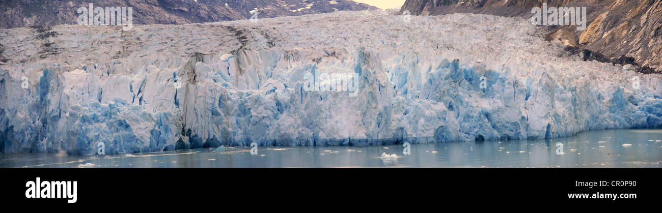 Panorama - glacial icefall on ocean fjord, Sawyer Glacier, Endicott Arm Fjord, Alaska Stock Photo