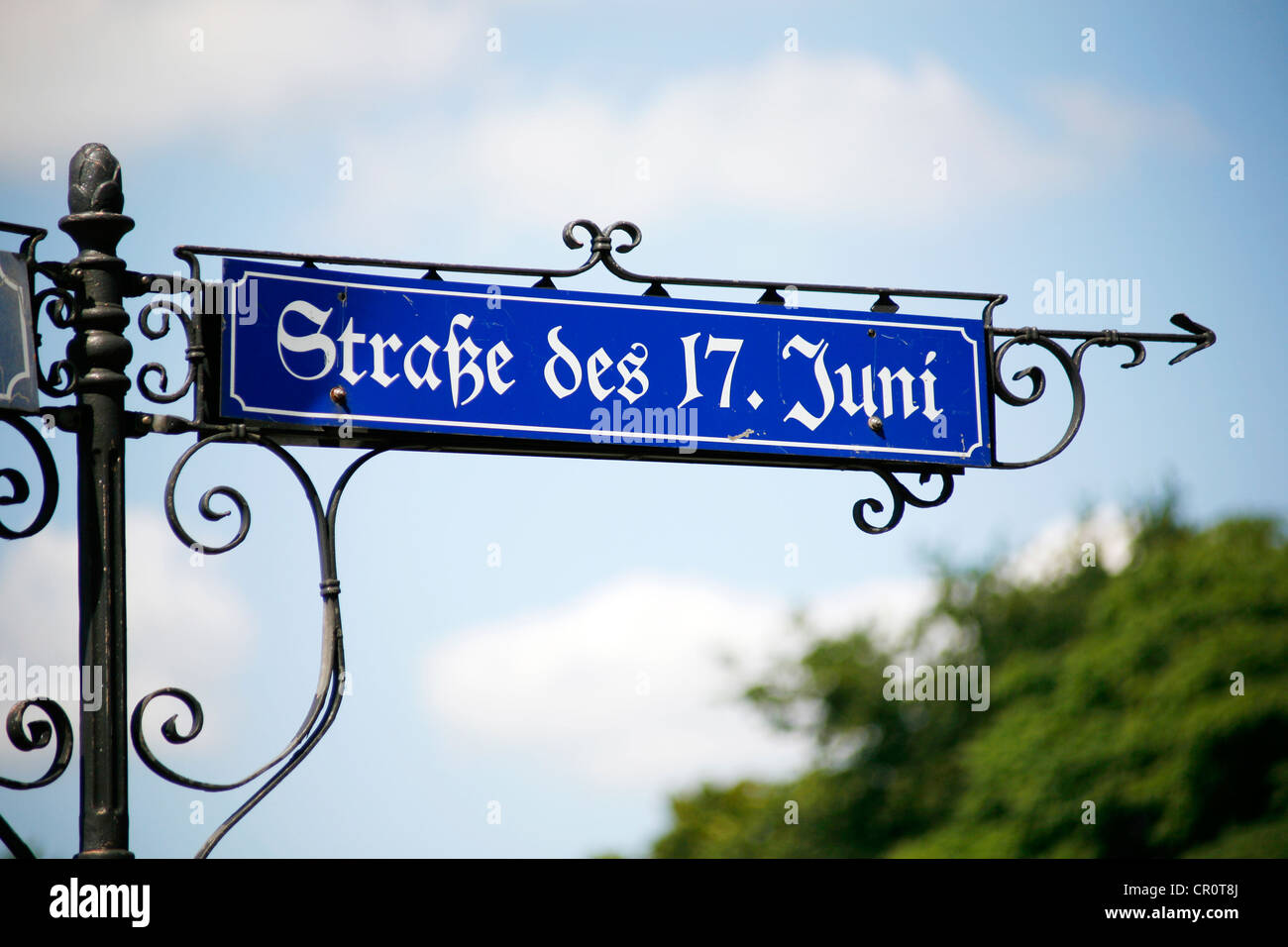 Street sign next to Berlin Victory Column, Strasse des 17. Juni street, Berlin, Germany, Europe Stock Photo