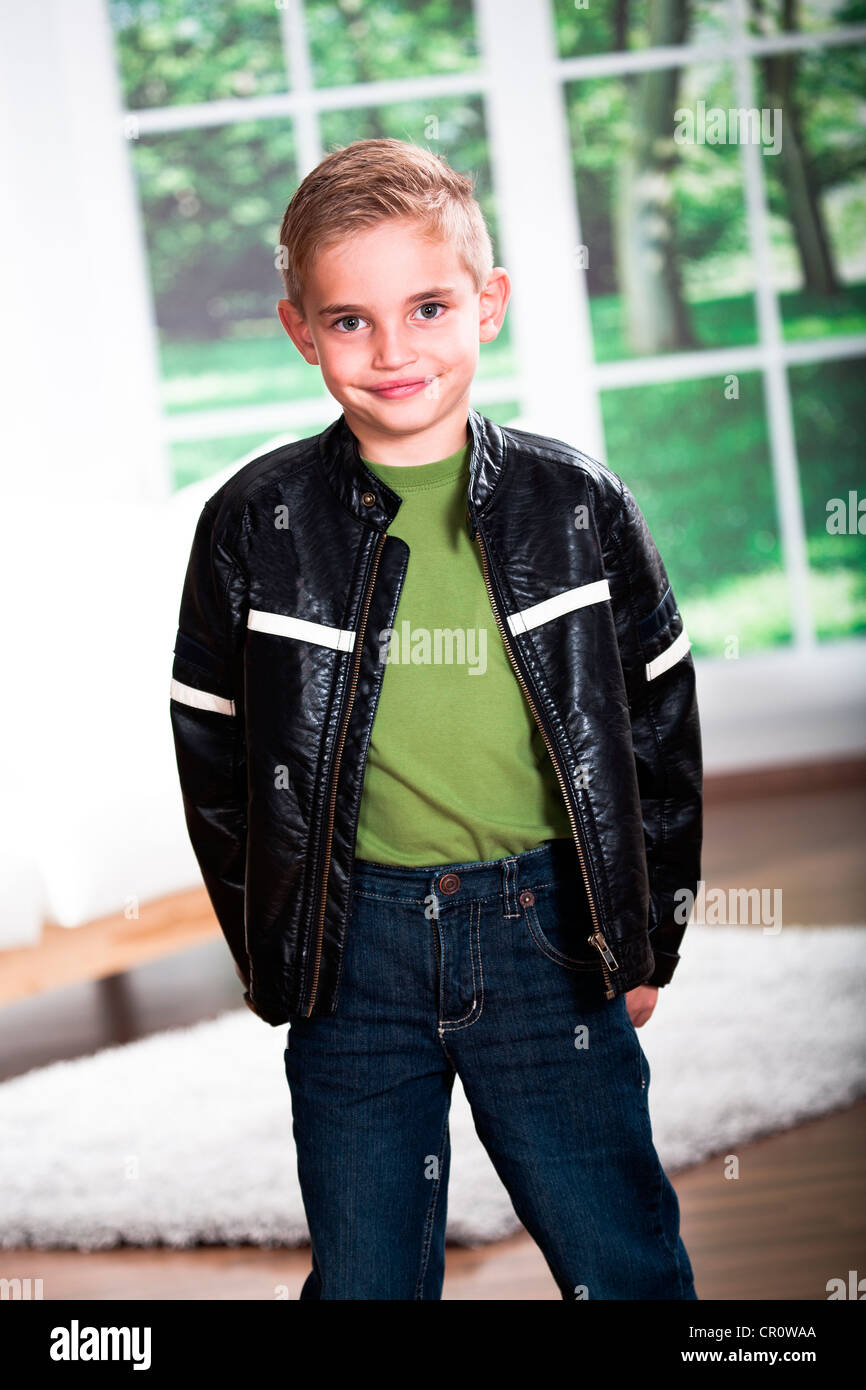 Boy wearing leather jacket Stock Photo Alamy