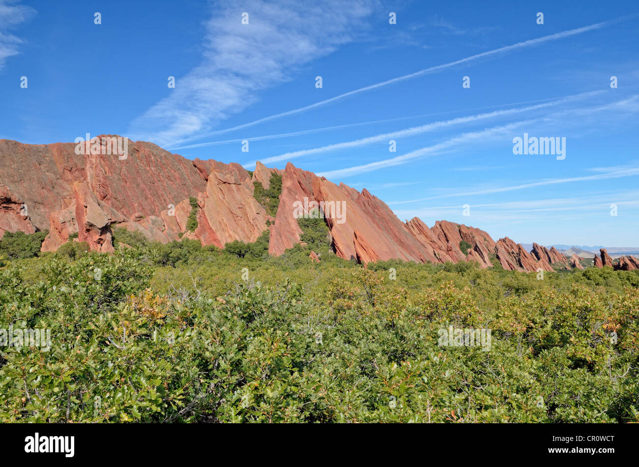 Flat-shaped rock formations of red sandstone, Boxborough State Park, Fountain Valley Trail, Denver, Colorado, USA Stock Photo