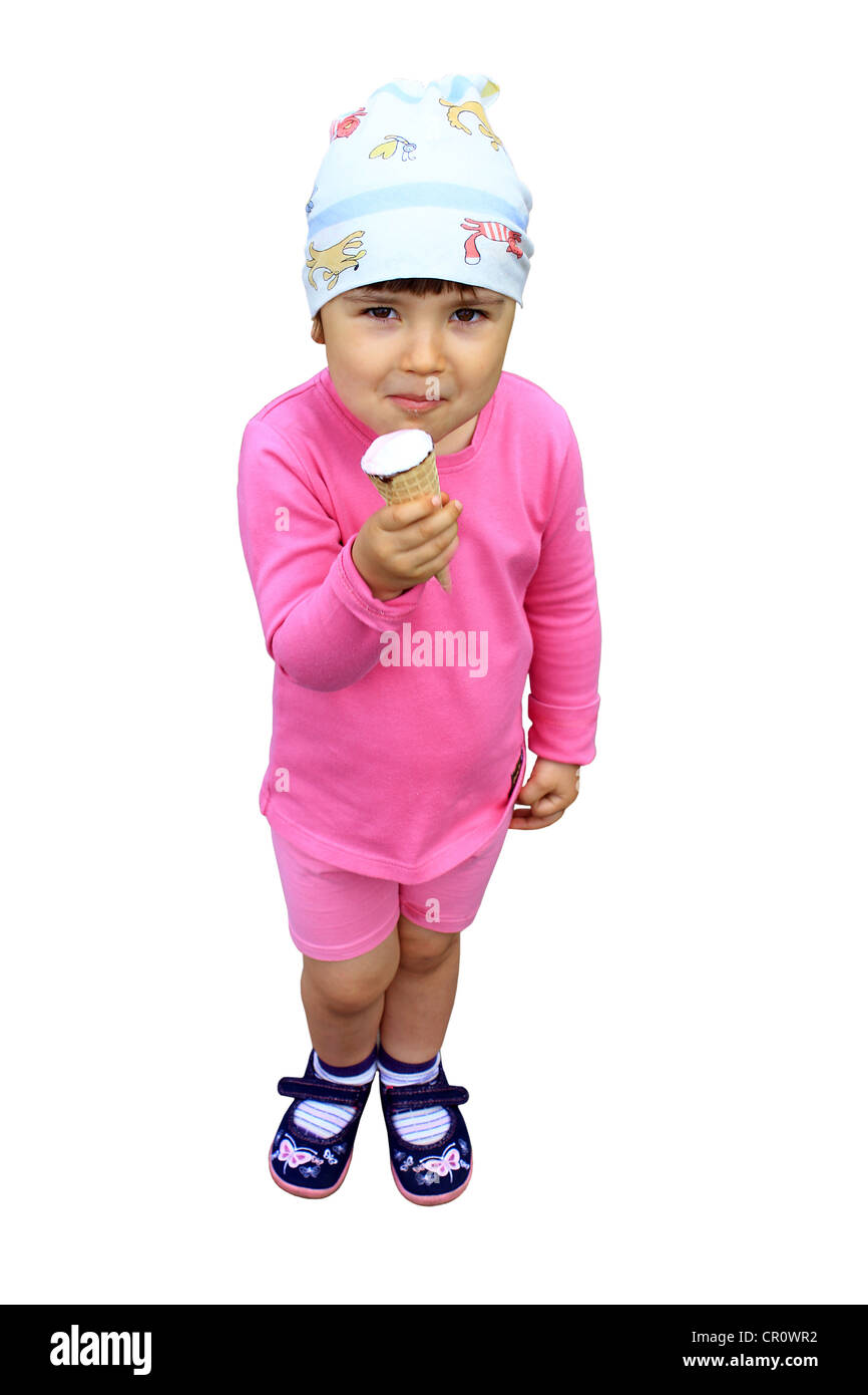Kid eat ice cream isolated on white Stock Photo