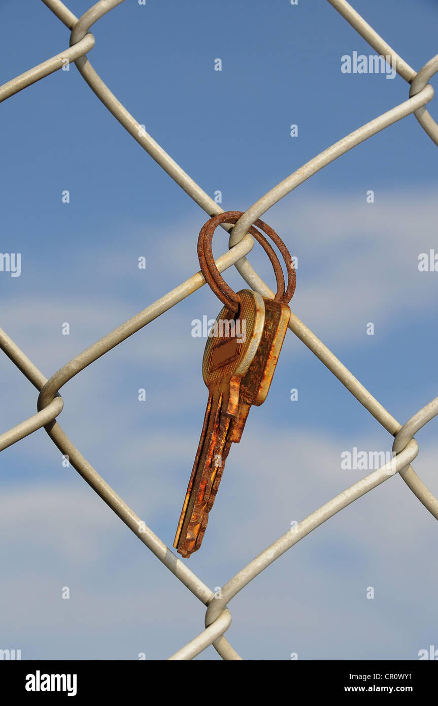 Rusty keys, key ring, wire-mesh fence Stock Photo