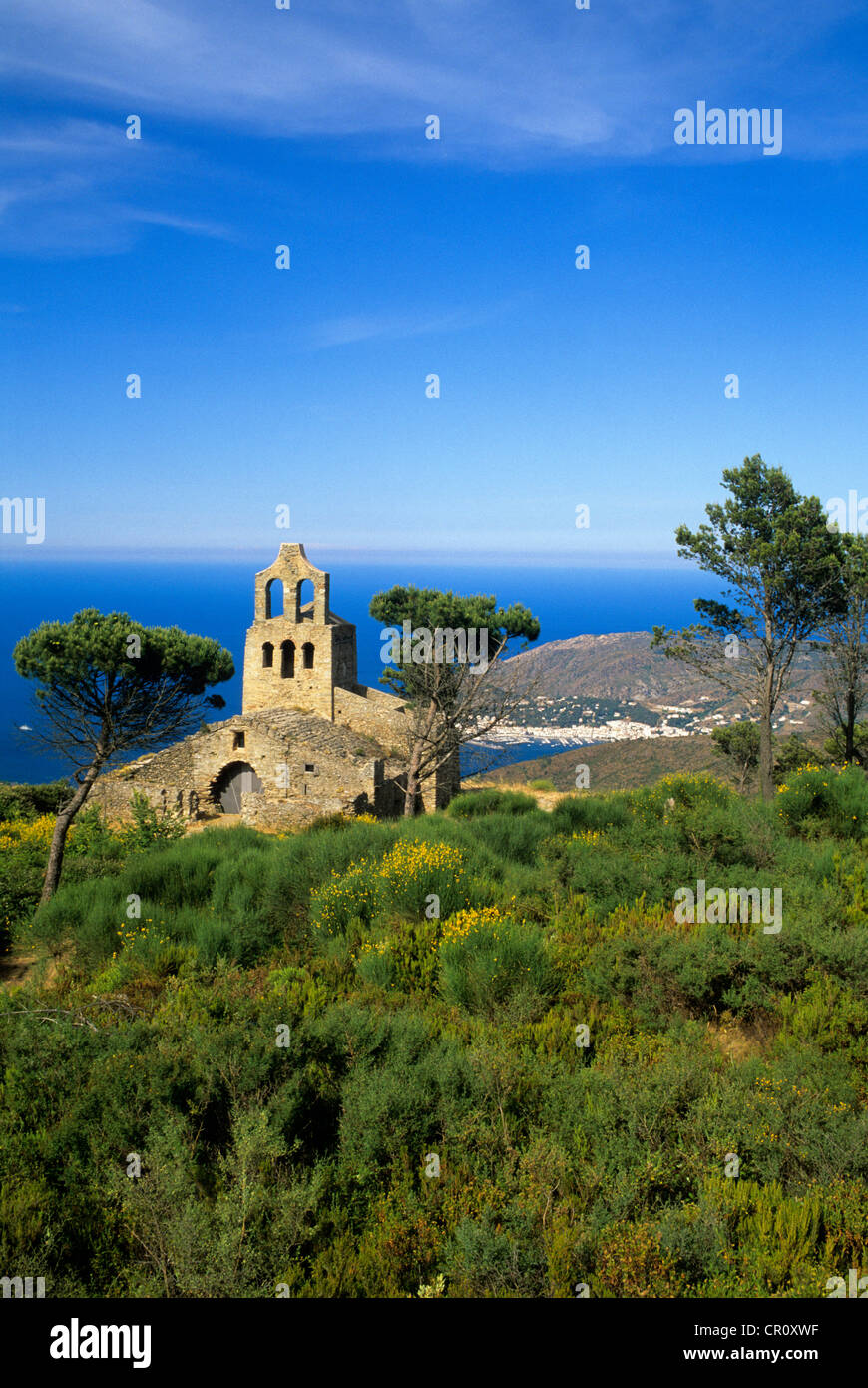 Spain, Catalonia, Girona Province, Alt Emporda comarca, view over the gulf of lion and Santa Helena church Stock Photo