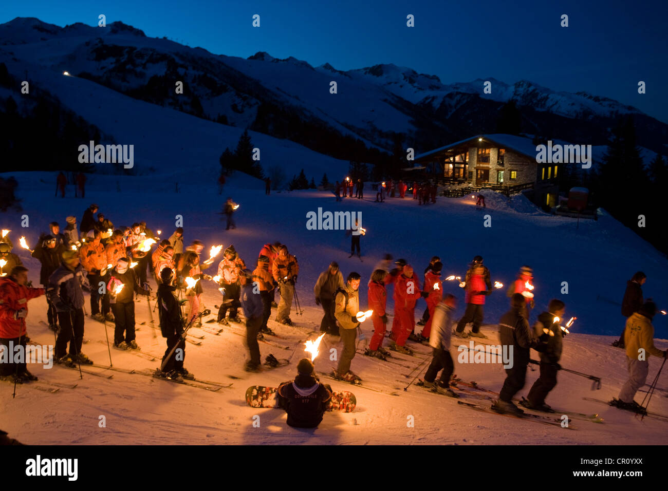 France, Savoie, Valmorel, torch-lit procession from the restaurant le Prariond Stock Photo