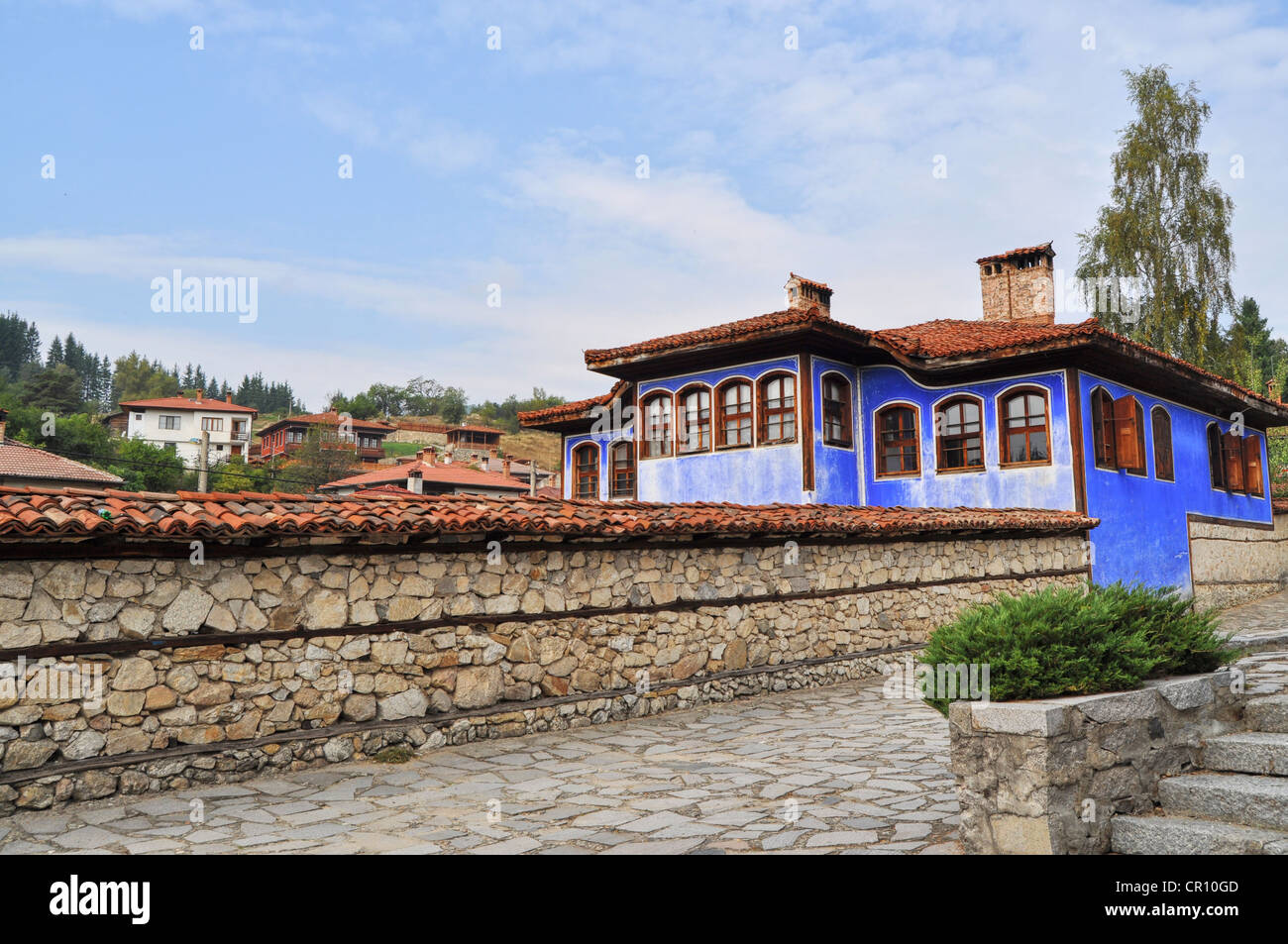 House in traditional bulgarian architecture in mountain town Stock Photo