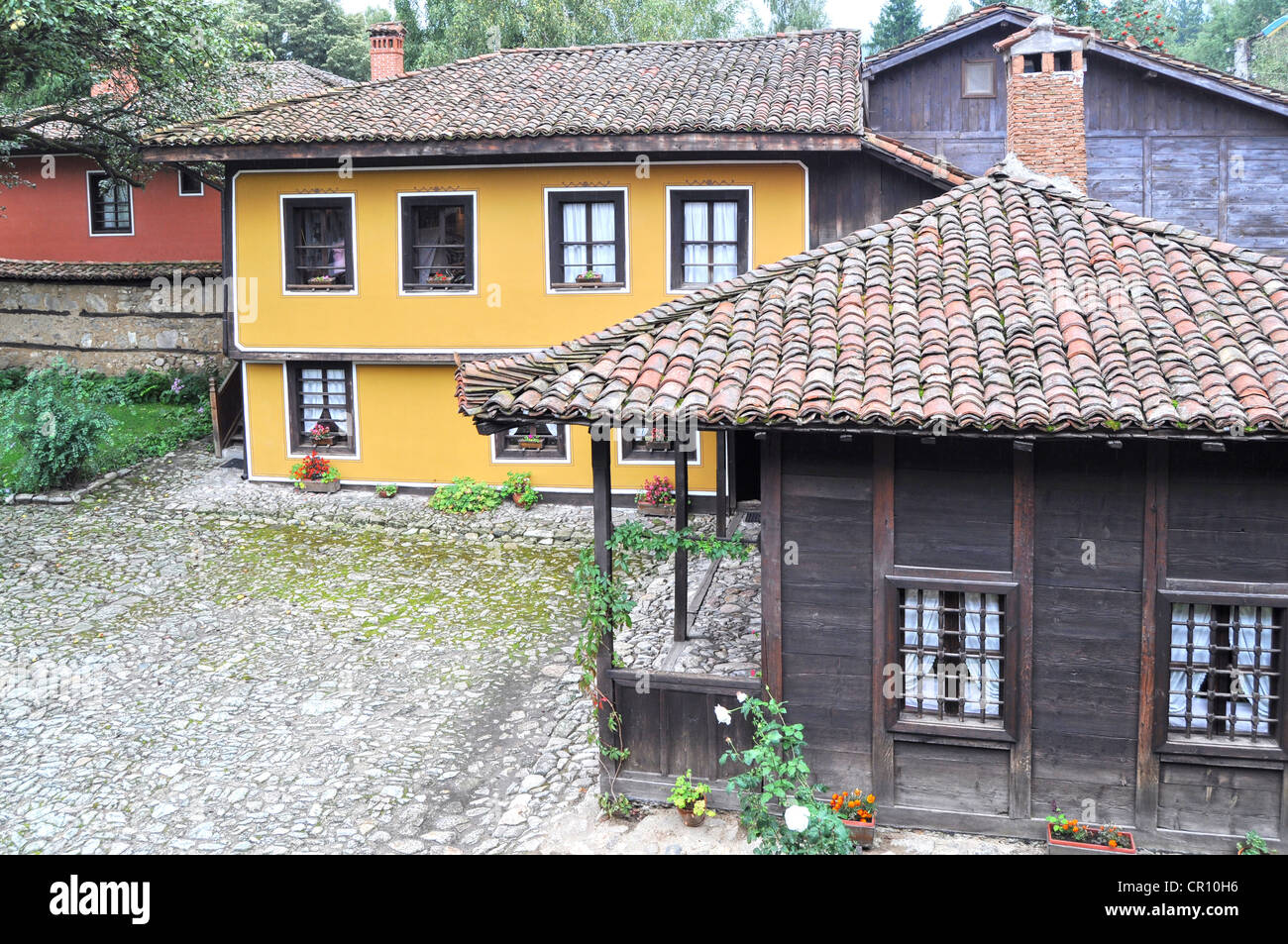 Houses in traditional bulgarian architecture in mountain town Stock Photo