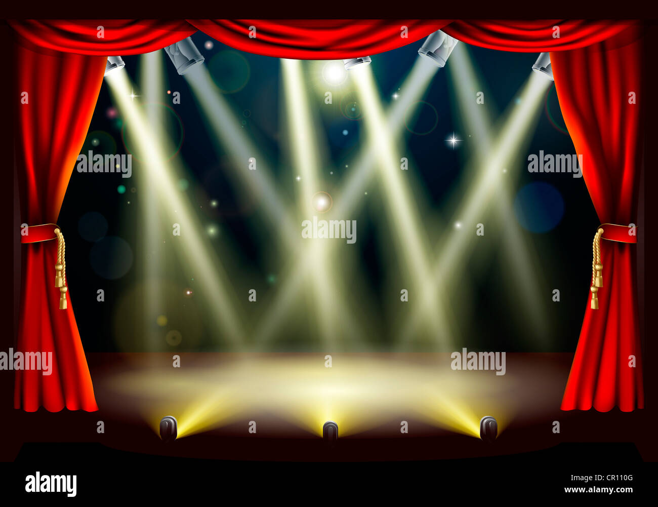 Illustration of a theater stage with lots of stage lights or spotlights with footlights Stock Photo