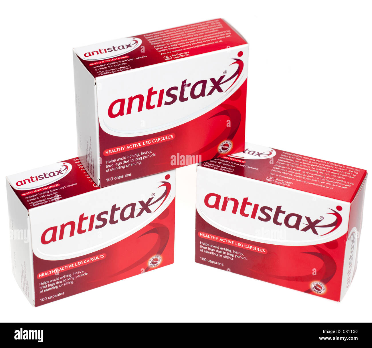 Three boxes of Antistax active leg capsules containing 100 capsules each Stock Photo