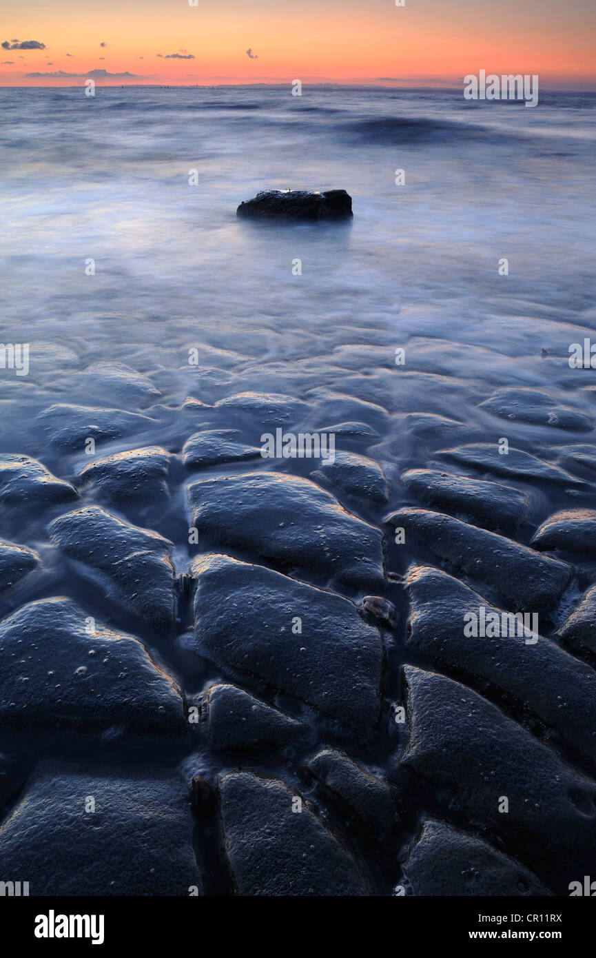Abstract patterns in the limestone at Lilstock Beach, Somerset, UK. Stock Photo