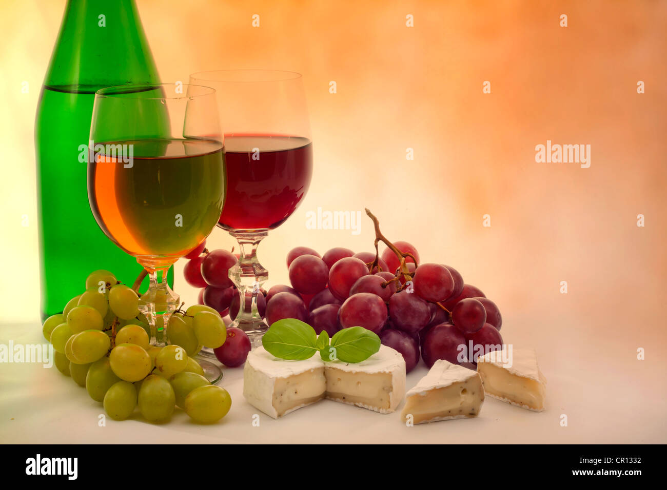 Red, white wine and grapes still life grunge concept background Stock Photo