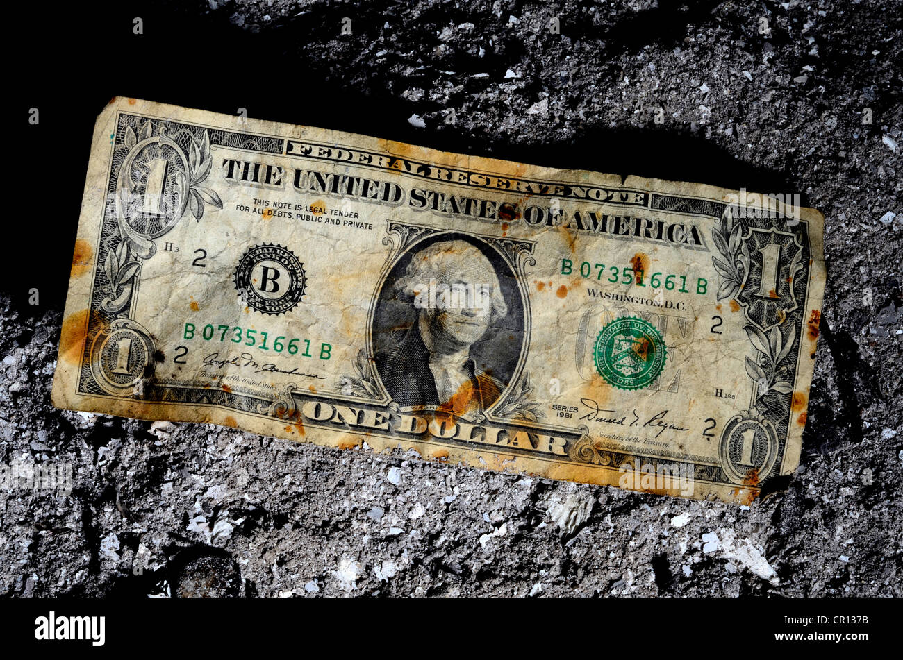 dirty old dollar bill in ashes Stock Photo