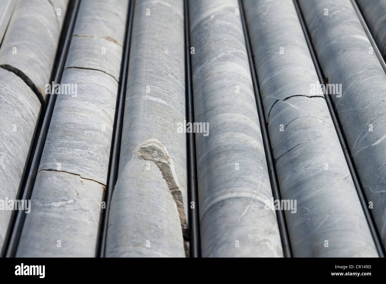 Diamond drill core lined up during exploration drilling campaign Stock Photo
