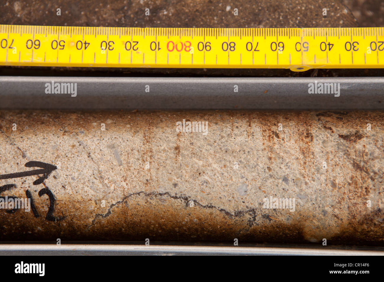 Detail of a rock drill core sample in mining exploration Stock Photo