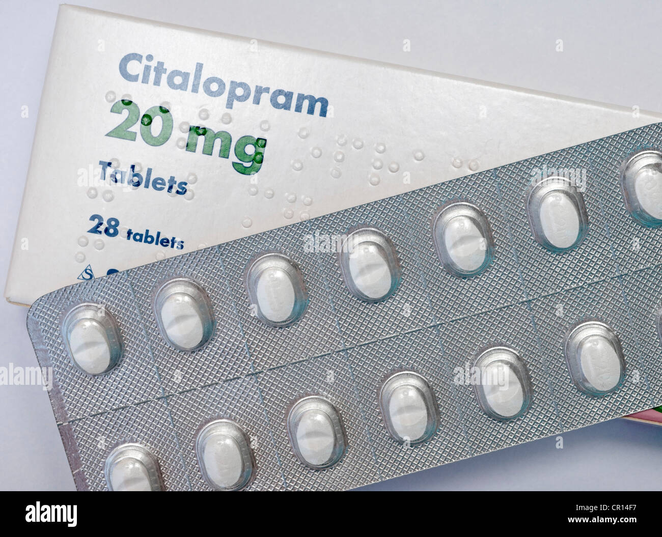 20mg Citalopram anti depressant tablets and packet showing brail Stock Photo