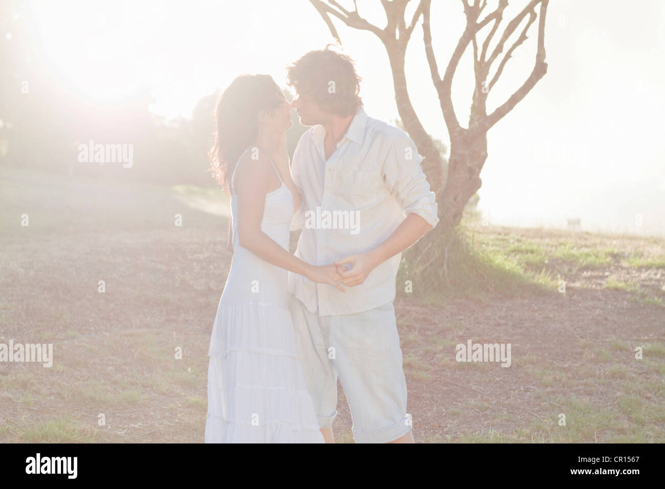 Couple kissing in field Stock Photo