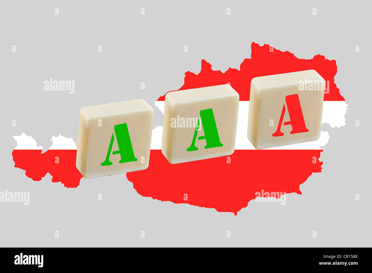 Three A's on a map of Austria, one is red as a symbol of the risk of losing the Triple A ranking, symbolic image for the rating Stock Photo