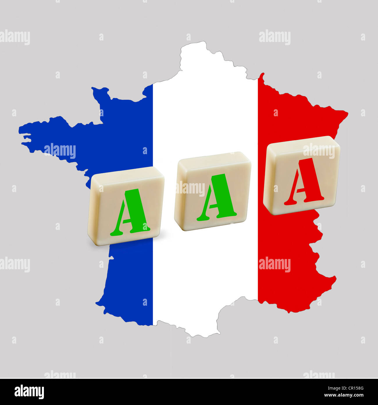Three A's on a map of France, one is red as a symbol of the risk of losing the Triple A ranking, symbolic image for the rating Stock Photo