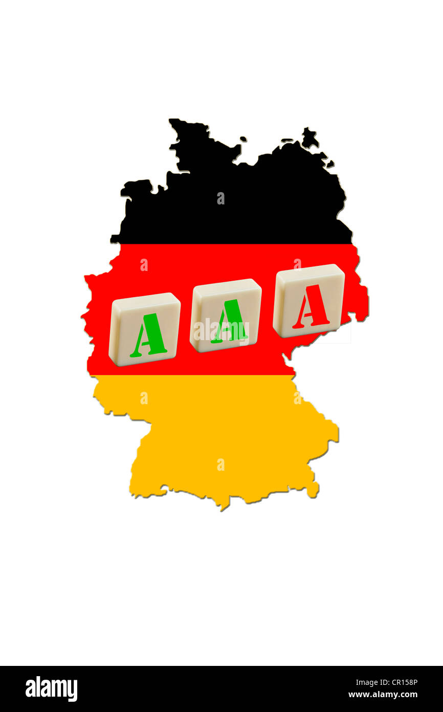 Map of Germany, three A's, one red A, risk of losing rating, Triple A rating, symbolic image for rating agencies Stock Photo