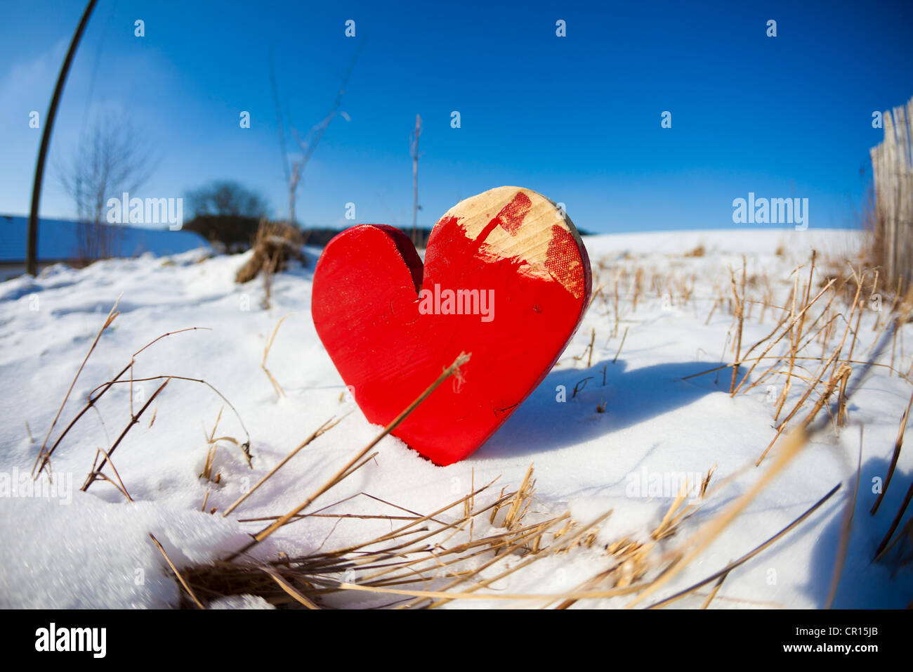 Red wooden heart in the snow Stock Photo