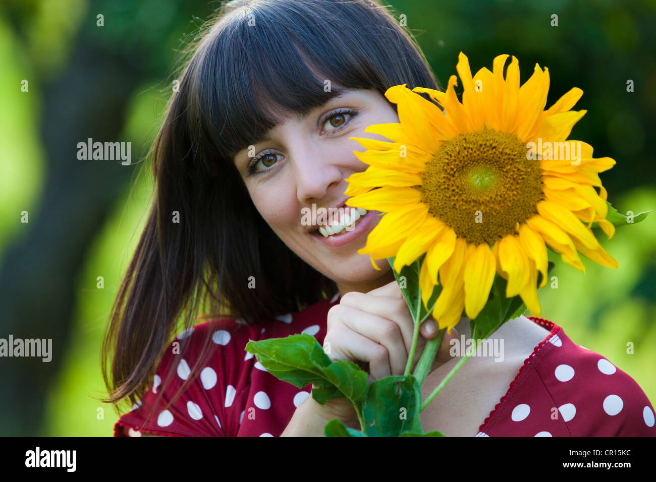 Young woman, 25, holding a sunflower in front of her face Stock Photo ...