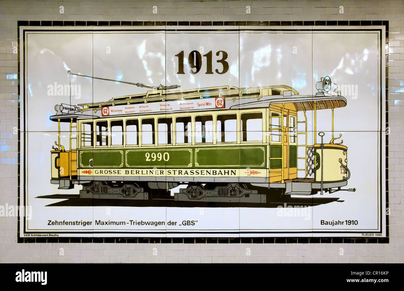 Berlin, Germany. Klosterstrasse U-Bahn (underground) station. Tiles on wall - picture of 1910 Grosse Berliner Strassenbahn tram Stock Photo