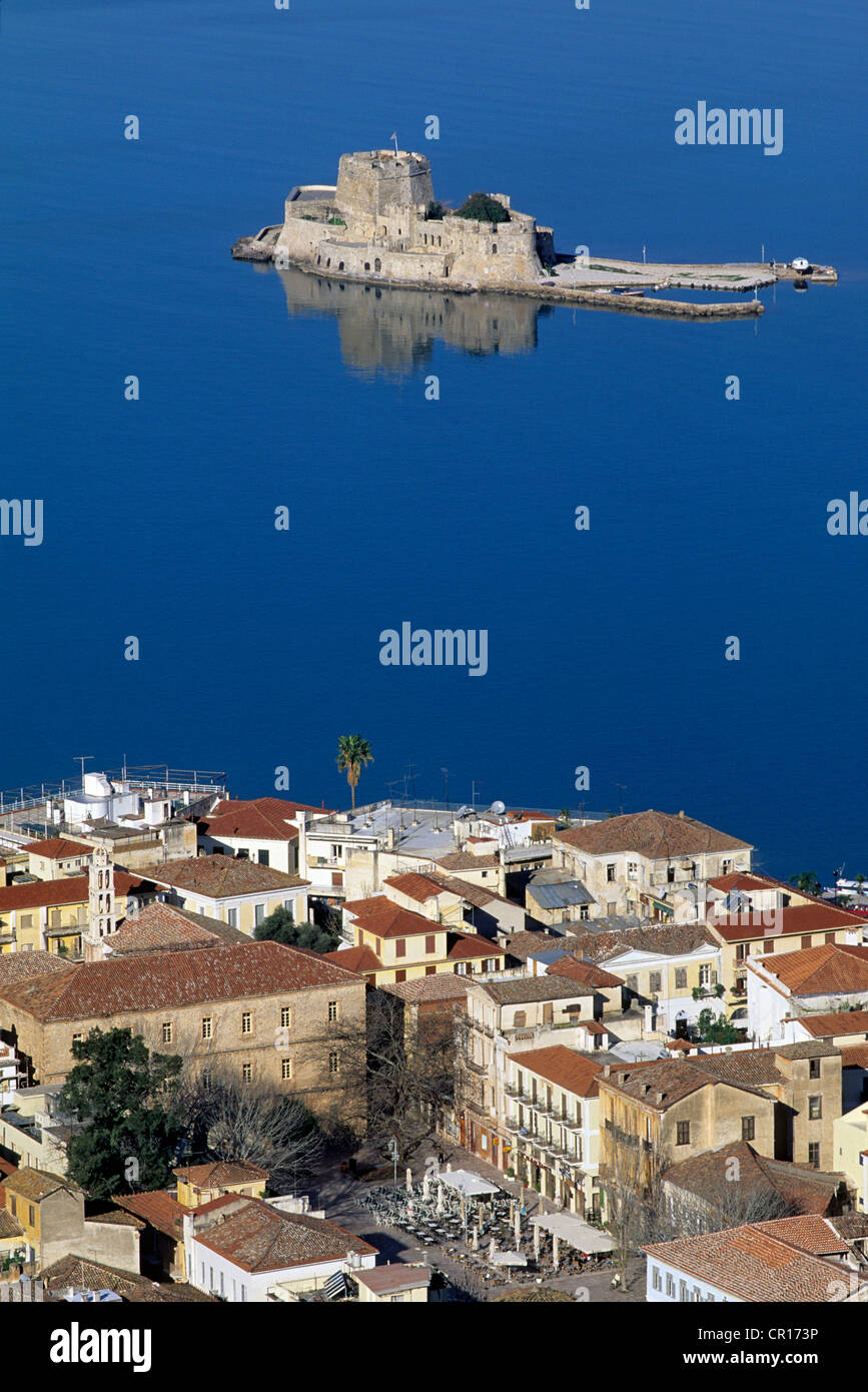 Greece, Peloponnese, Nafplion, Agolis capital town, Venetian Fort of Bourtzi (or Bourdzi) Islet Stock Photo