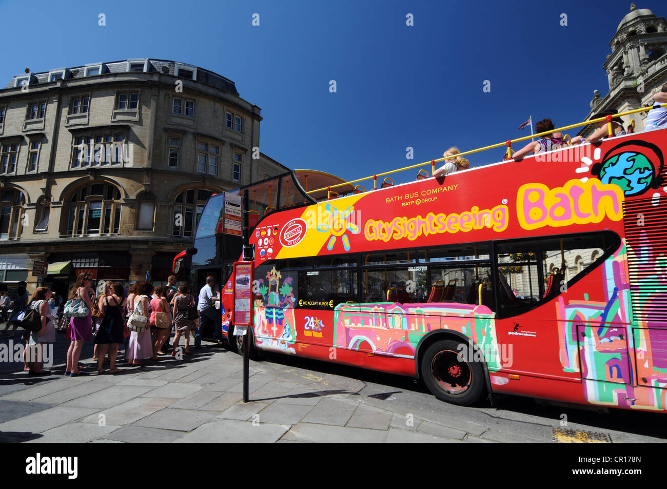 Tourist sightseeing bus, Bath, Somerset, Britain, UK Stock Photo
