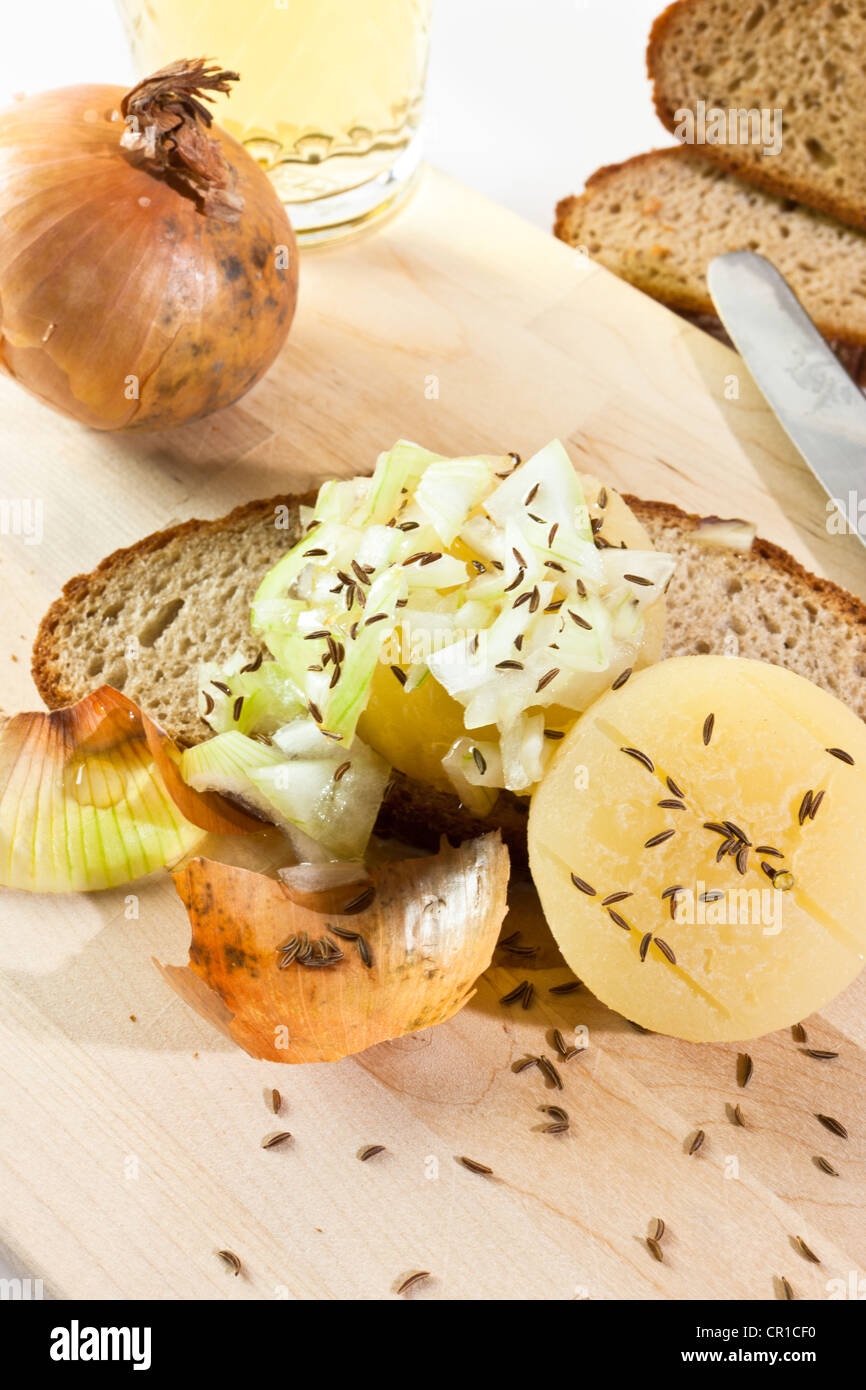 Traditional dish of Frankfurt, seasoned German hand cheese or Harz