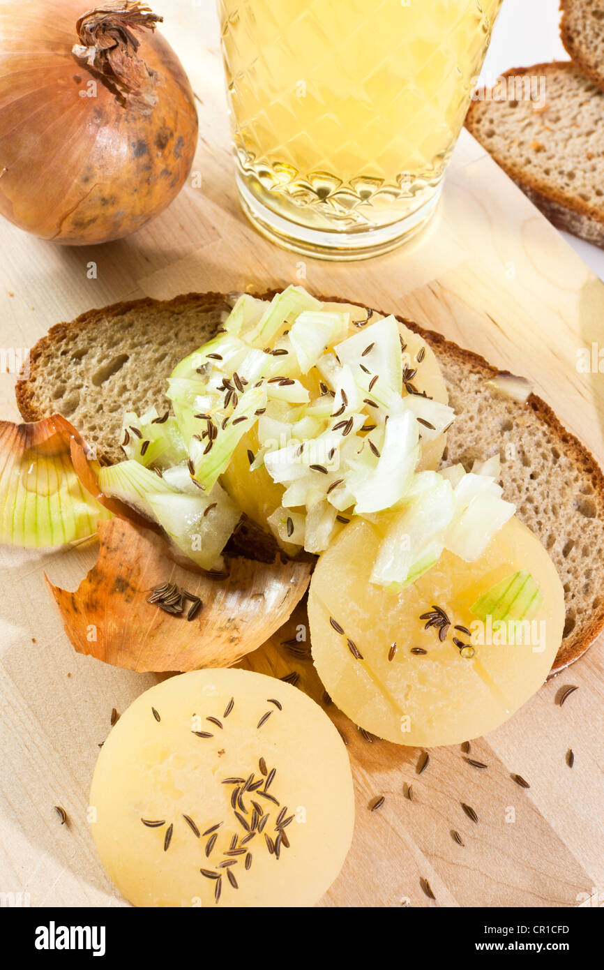 Traditional dish of Frankfurt, seasoned German hand cheese or Harz