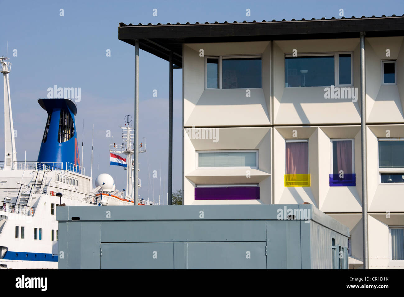 Modern prefab student housing in the Amsterdam harbour, harbor, docklands, using modular cargo shipping containers. Stock Photo