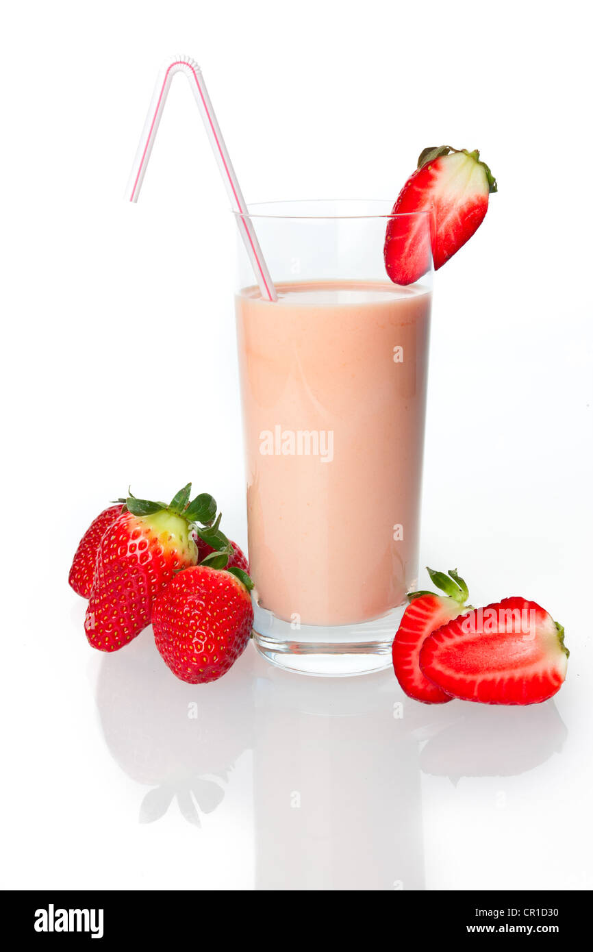 Strawberry drinking yoghurt, strawberries and strawberry shake in a