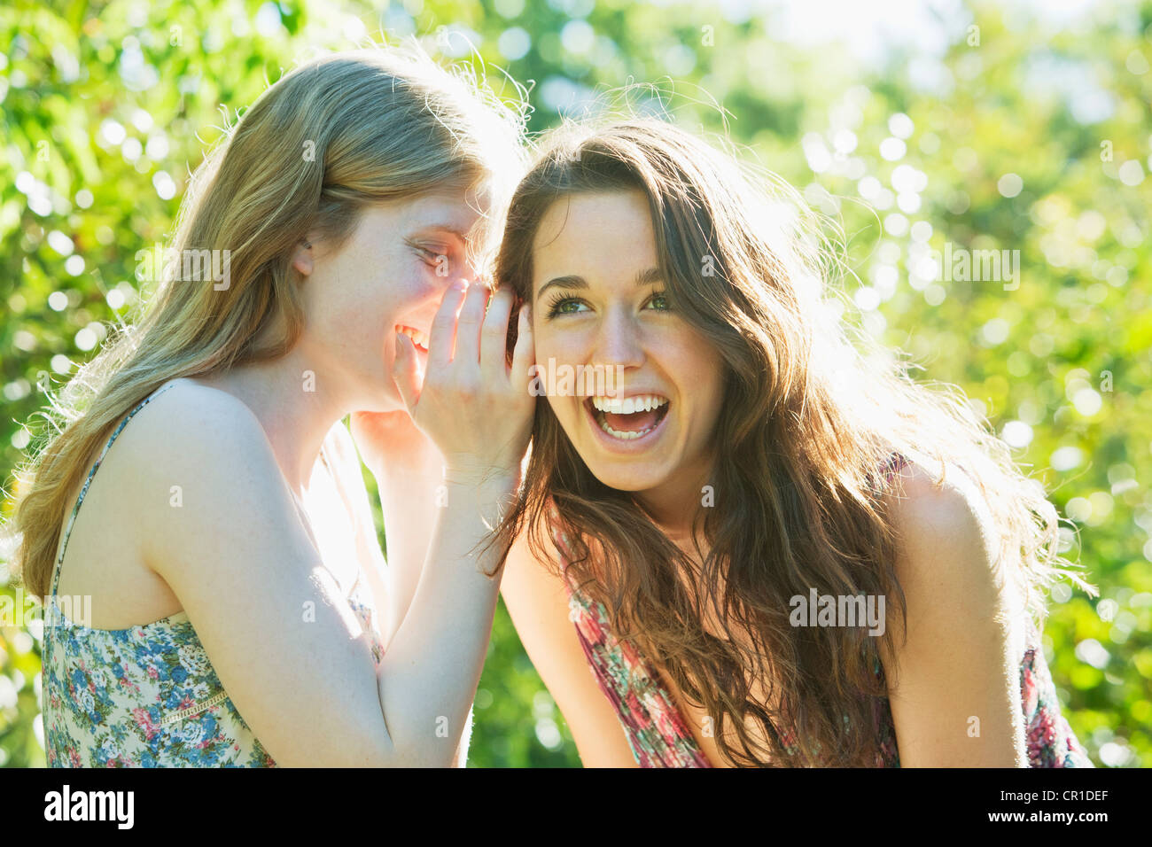 Teenage girls whispering outdoors Stock Photo - Alamy