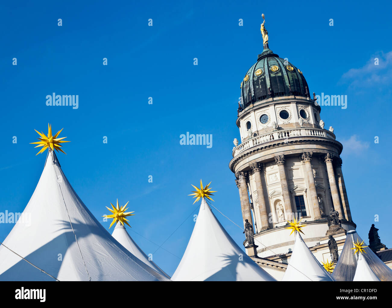 Tops of the tents of the  Christmas Market in front of the Konzerthaus  concert hall on Gendarmenmarkt square, Stock Photo
