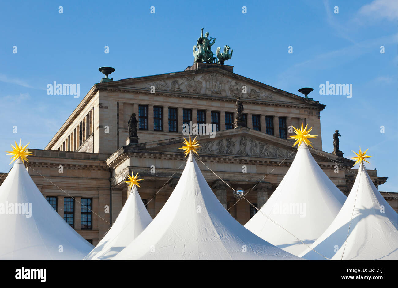 Tops of the tents of the  Christmas Market in front of the Konzerthaus  concert hall on Gendarmenmarkt square, Stock Photo