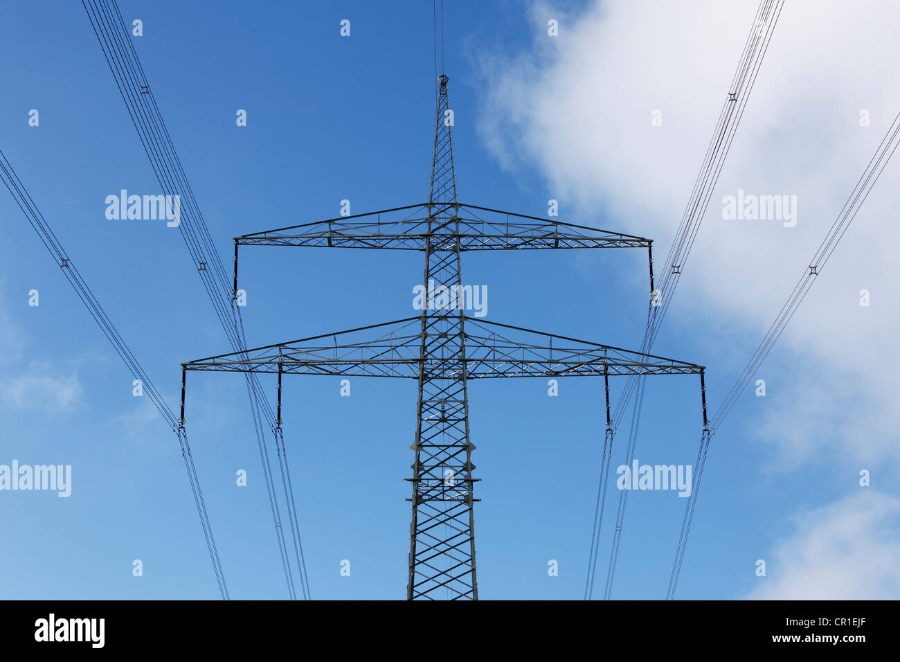 High voltage power line and utility pole, Bergrheinfeld, Franconia, Bavaria, Germany, Europe, PublicGround Stock Photo
