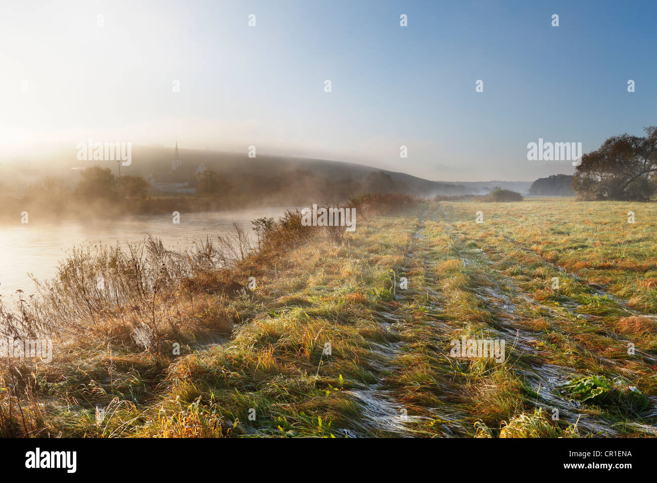 Sunrise with morning fog, Main River, Stammheim am Main, Lower Franconia, Franconia, Bavaria, Germany, Europe Stock Photo