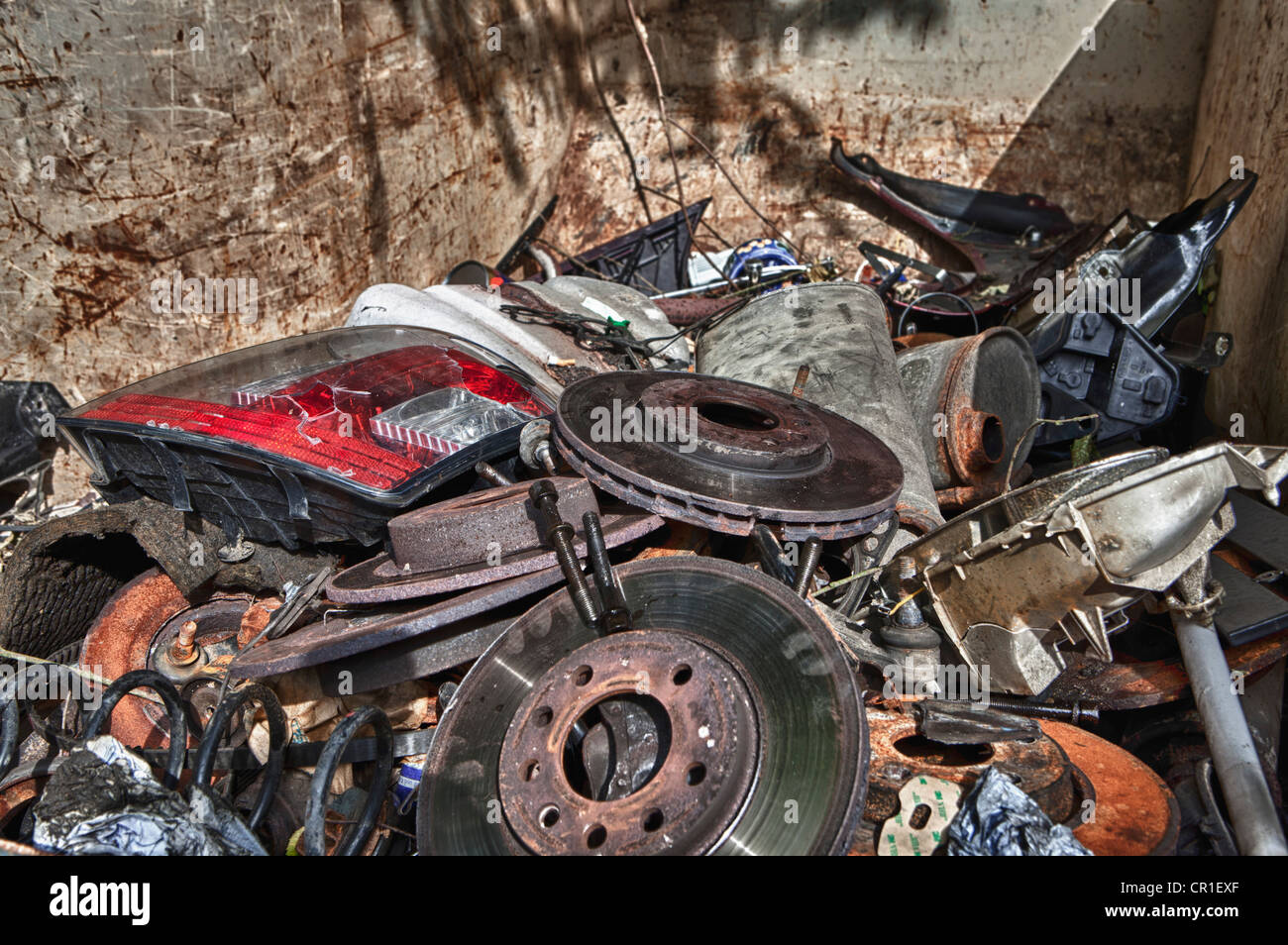 Container with old car parts Stock Photo Alamy