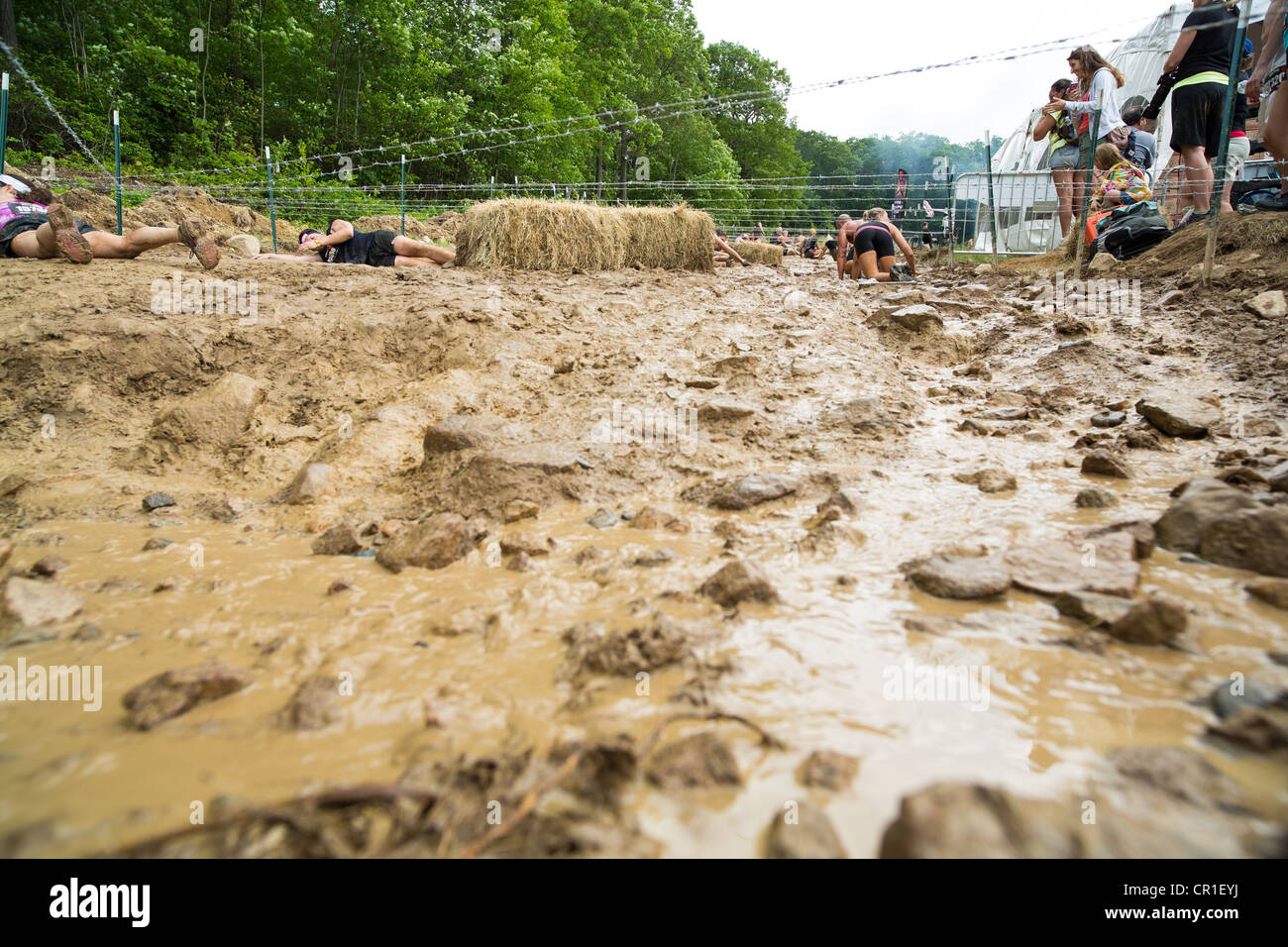 Participants of challenging sprint obstacle trail race, Spartan Race in Tuxedo New York, running