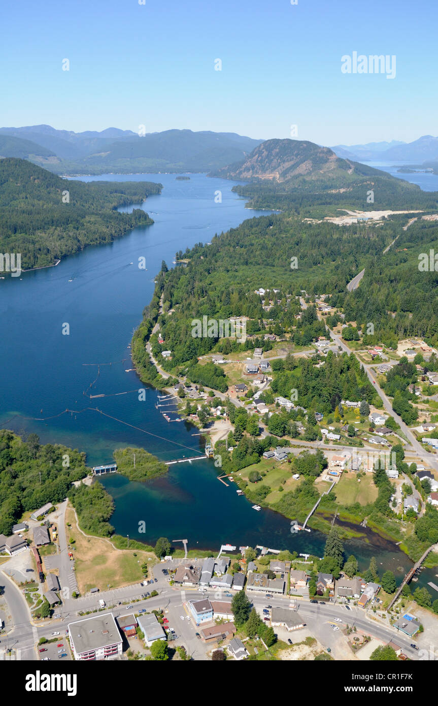 Aerial view of the town of Lake Cowichan on Cowichan Lake, Vancouver