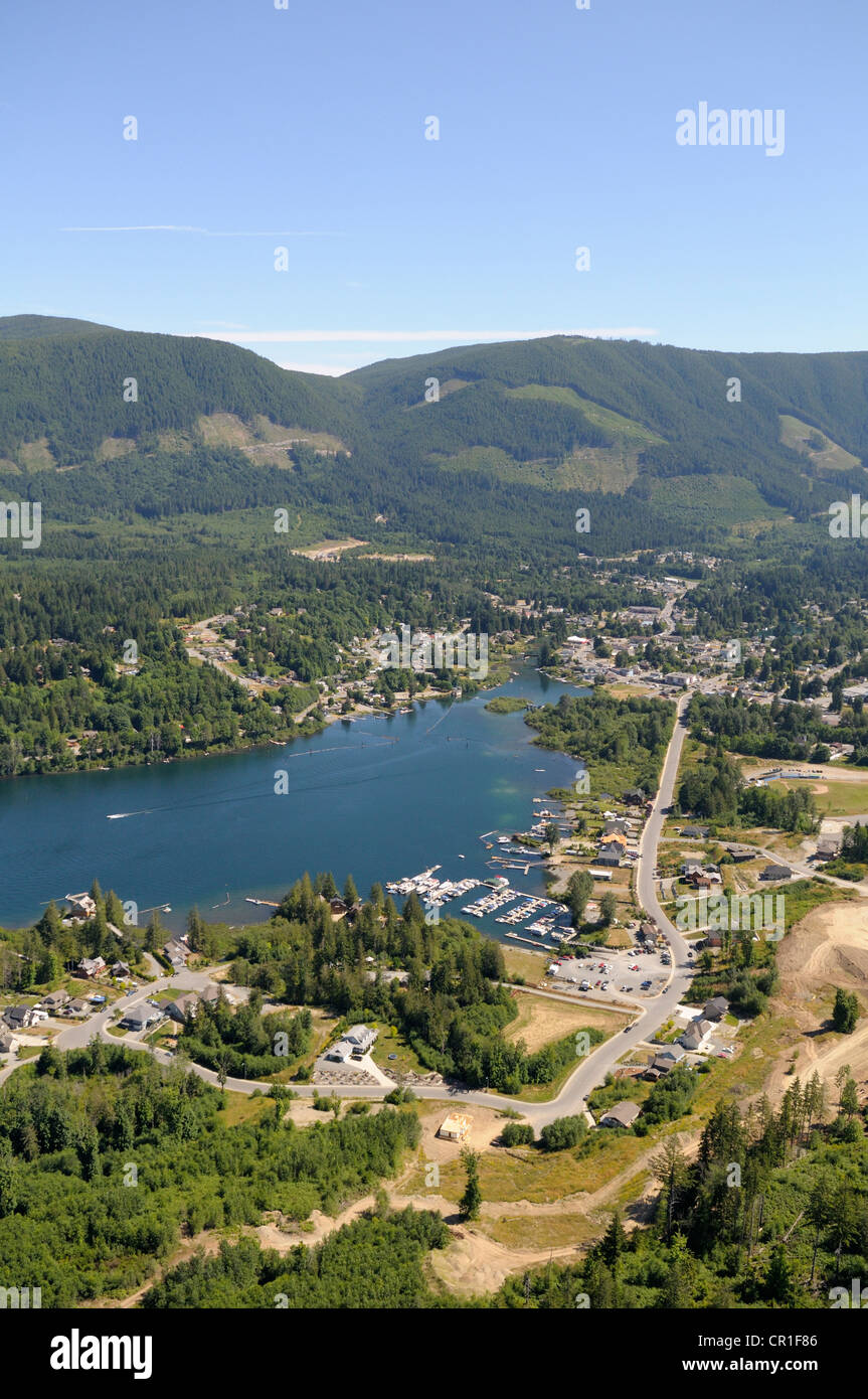 Aerial view of the town of Lake Cowichan on Cowichan Lake, Vancouver